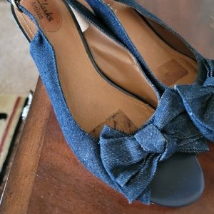 Clark's denim slip ons, small heel